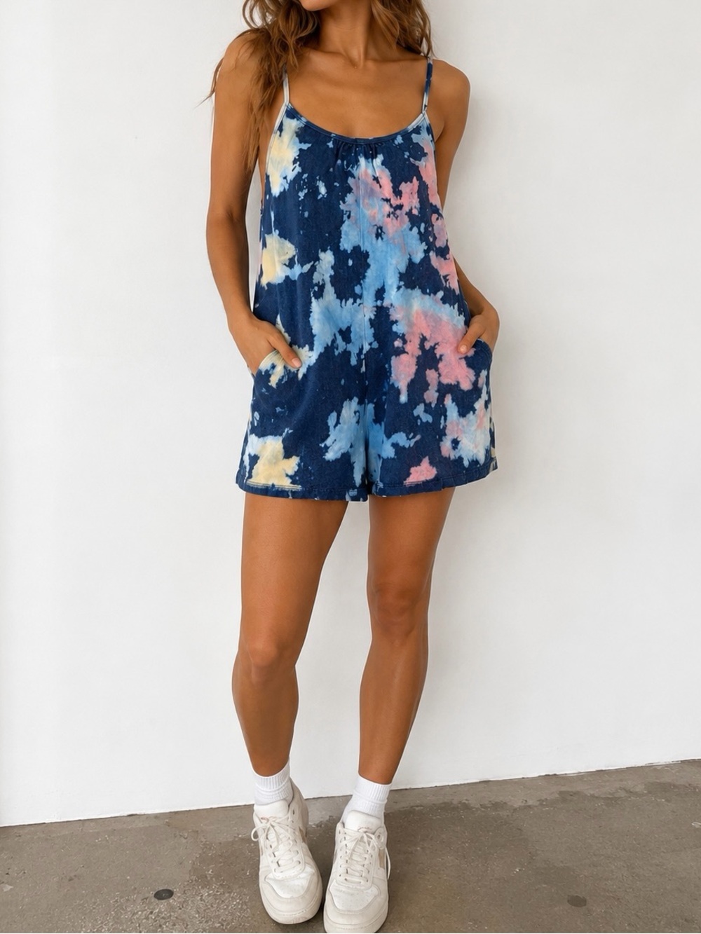 Free People Movement Tie Dye Cotton Romper Blue Pink Pockets Size Small